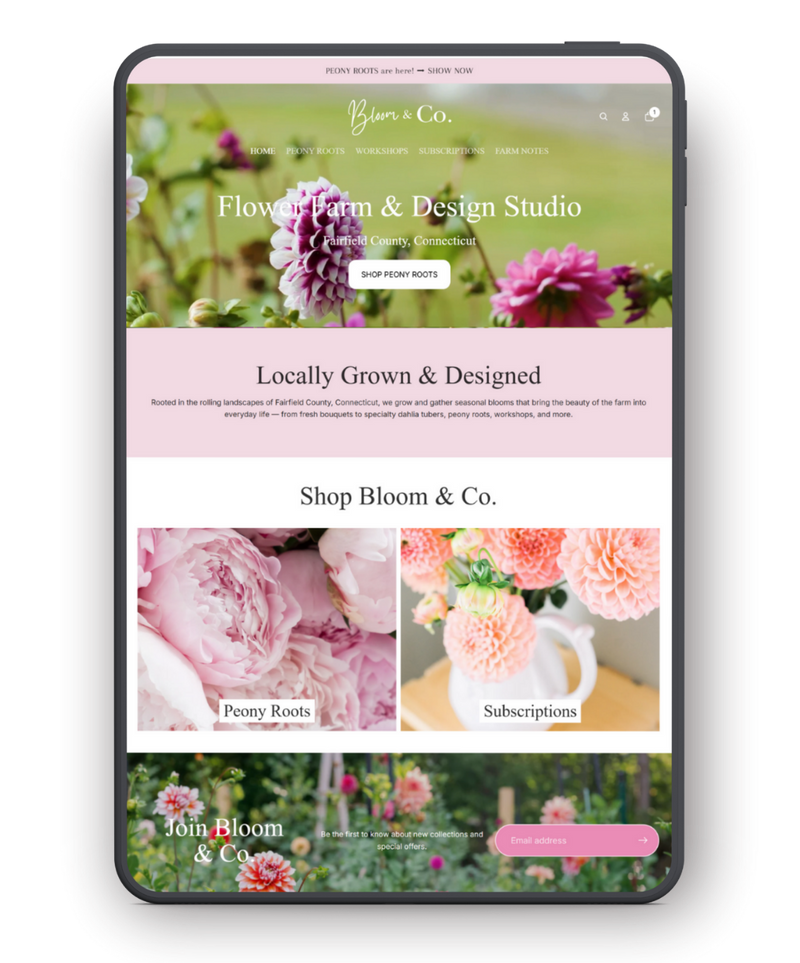 Phone displaying a flower shop website with floral images and text.
